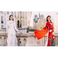 Áo dài họa tiết hoa sen do Ngọc Hân thiết kế Áo dài họa tiết hoa sen do Ngọc Hân thiết kế