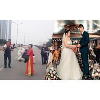 Cô dâu xách váy, chú rể đi bộ khi cấm đường Hội nghị Mỹ - Triều